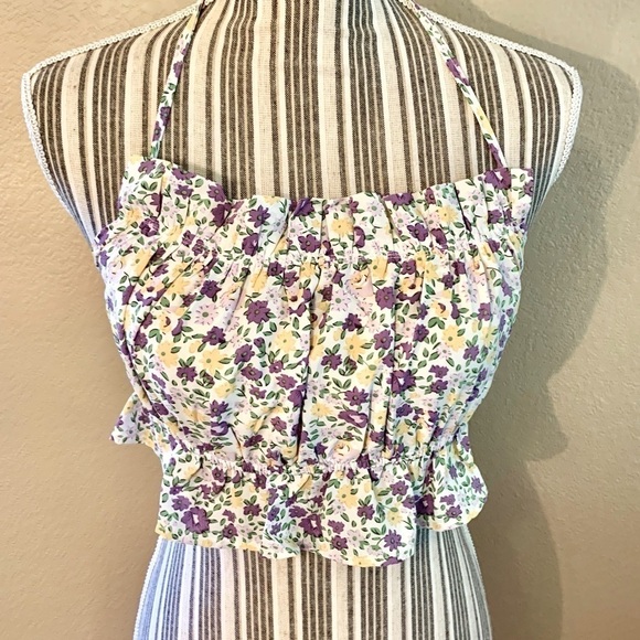 HYFVE Crop Top Small White Floral Purple Yellow Green Ties Ruffles Boho - Picture 1 of 12